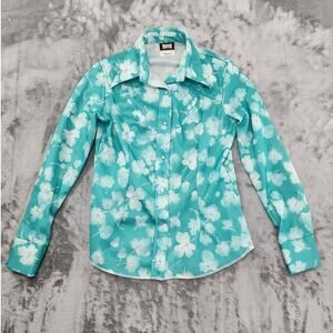Vintage 70s Fenton Top Womens 20/L Green White Floral Long Sleeve Pearl Snap